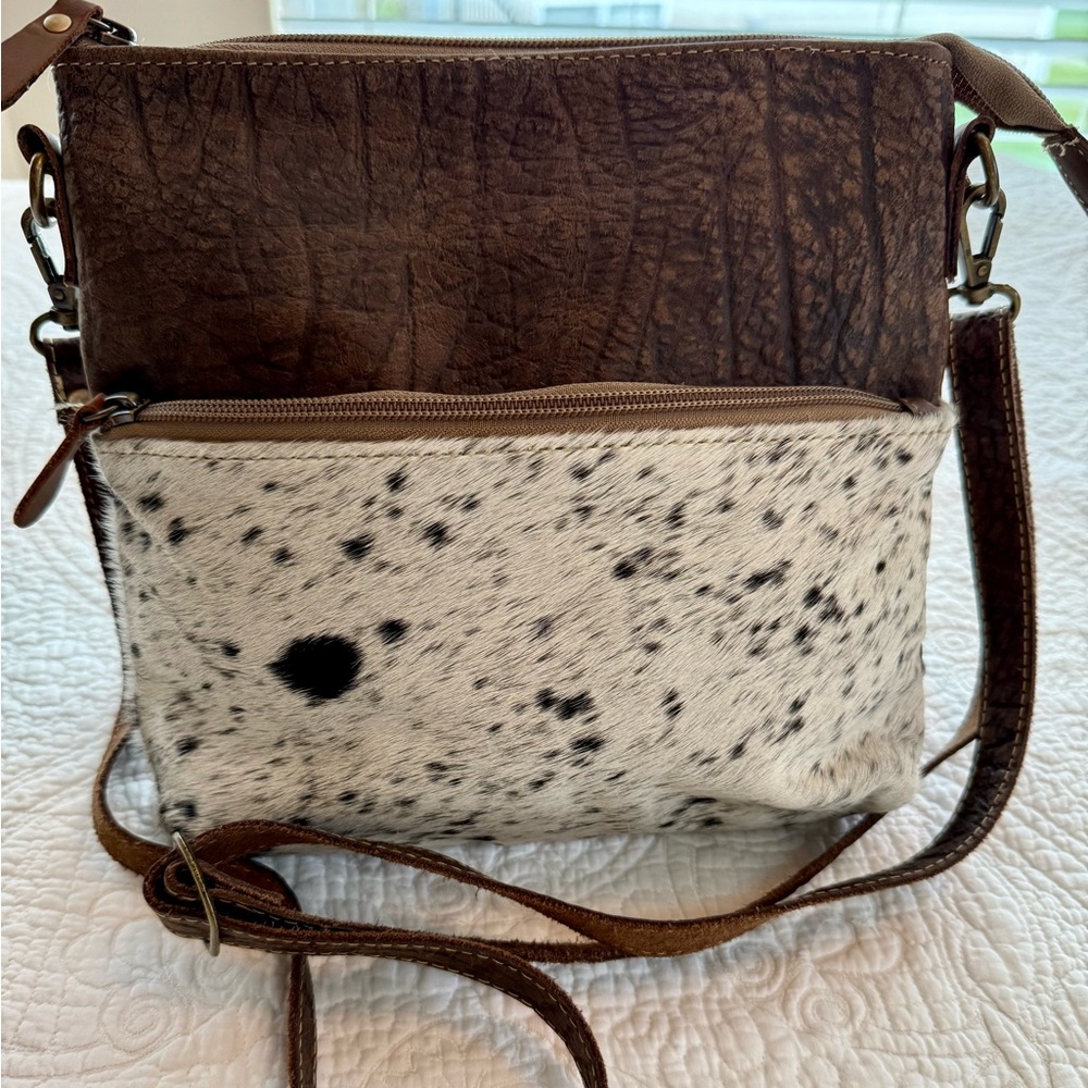 Myra Bag Spotted Cream and Rich Brown, Hairon (Soft Faux Fur) Crossbody
